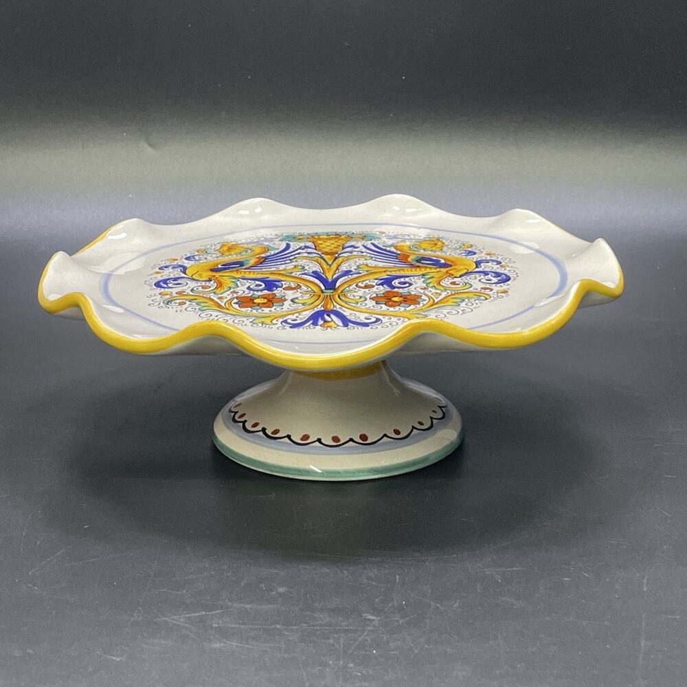 Ceramica Nova Deruta Italy Pedestal Cake Stand 10.5 Hand Painted Majolica Dragon